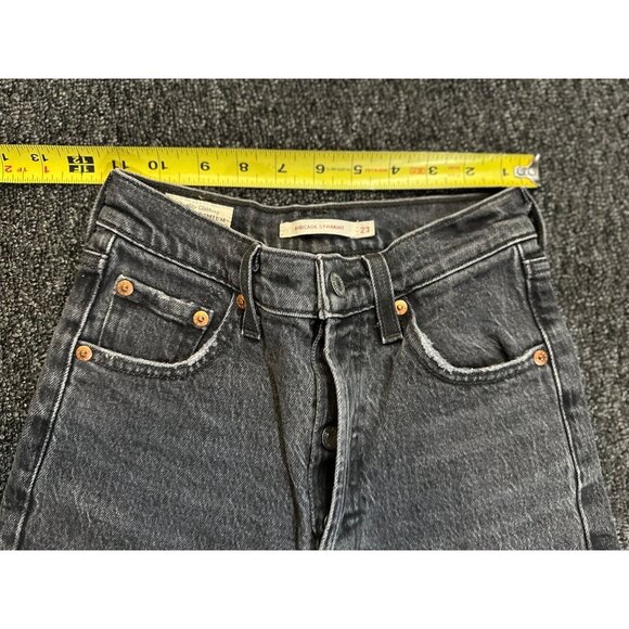 VTG LEVIS Ribcage Straight Jeans Women’s 23 – Button Fly Black Distressed Denim - Picture 9 of 11